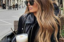 light brunette hair with caramel and bronde highlights including a money piece looks very chic and beautiful