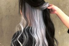 super long black hair with silver hair underneath, almost hidden is a very interesting and unusual idea that won’t be too much in your face