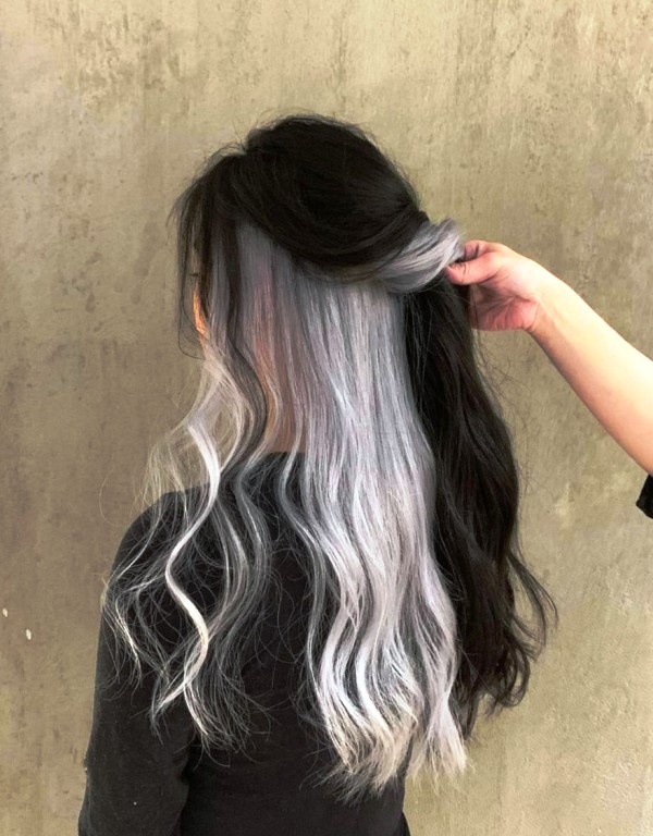 super long black hair with silver hair underneath, almost hidden is a very interesting and unusual idea that won't be too much in your face