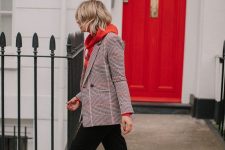 02 a comfy and casual work outfit with a red hoode, a grey plaid blazer, black cropped pants, white sneakers