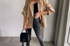 03 a black top, black skinnies, black chunky boots, a tan blazer and a black bag are a comfy combo for the fall
