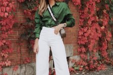 03 a green satin shirt, white cropped straight jeans, white sneakers and a grey bag for a comfy fall work look