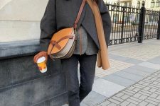 05 a chic fall outfit in grey and amber, with a plaid blazer, cropped jeans, an overcoat, an amber scarf, bag and boots