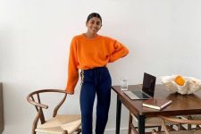 06 a bright fall outfit with an orange jumper, bold blue pants – add shoes and go
