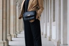 08 a bold and contrasting look with a black turtleneck, culottes, chunky boots, a bag and a beige blazer is amazing