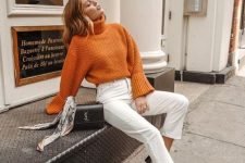 12 an elegant fall work outfit with an orange turtleneck sweater, white jeans, a black bag, two-tone shoes is lovely