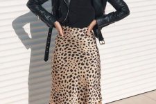 13 a black t-shirt, a leopard printed midi, black strappy shoes, a black cropped leather jacket for a chic fall look