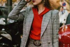 13 a bright and chic fall work look with a grey plaid pantsuit, a red hoodie, red loafer shoes and a bold bag