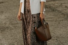 14 a classic work outfit with a white top, a blazer, a leopard print midi skirt, white sneakers and a brown tote for the fall