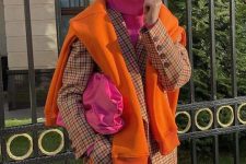 16 a bright fall outfit with a pink jumper and a clutch, a plaid blazer, an orange sweatshirt, orange leather pants
