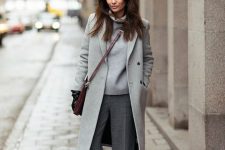 16 a cozy grey fall outfit with a jumper, wideleg pants, a coat, white sneakers and a burgundy bag