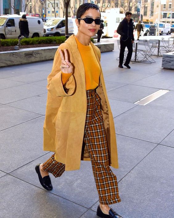 a yellow jumper, plaid cropped pants, a yellow suede trench and black loafers will be a nice fall work look