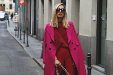 18 a bold fall work outfit with a red jumper and trousers, leopard print shoes, a hot pink trench and a light pink bag