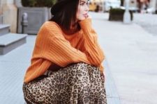19 an orange ribbed sweater, a leopard slip midi skirt, black lacquer boots, a black hat for a lovely fall look