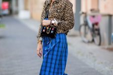 20 a black top, a leopard print cropped jacket, electric blue plaid culottes, black buckle shoes and a small embellished bag