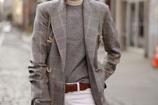 21 a grey turtleneck, white jeans, a brown belt, a grey plaid oversized blazer, a brown bucket bag