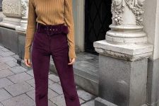 24 a chic and bold fall work look with a beige ribbed turtleneck, deep purple cropped pants, neon green velvet shoes is wow