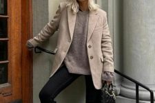 26 a beige sweater, a tan oversized blazer, black skinnies, black knee chunky boots, a black bag for a preppy fall look