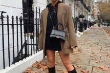 27 a black mini hoodie dress, an oversized beige blazer, black knee chunky boots, a black bag for this fall