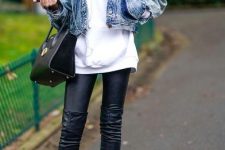 With black leather leggings, black leather over the knee flat boots and black leather tote bag