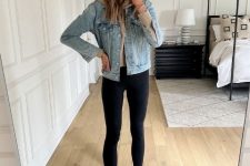 With black leggings and white and beige flat shoes