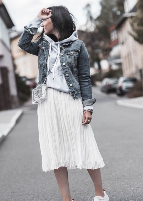 With denim jacket, embelllished chain strap bag and sneakers