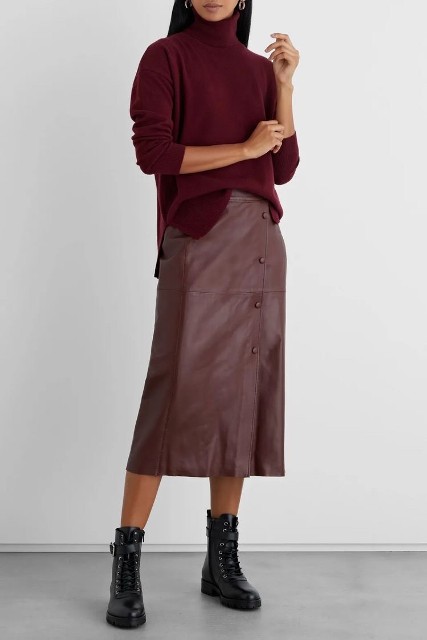 With silver rounded earrings, marsala loose turtleneck sweater and black leather lace up flat ankle boots
