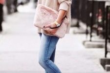 With sunglasses, beige oversized turtleneck sweater, skinny cropped jeans and beige flat shoes