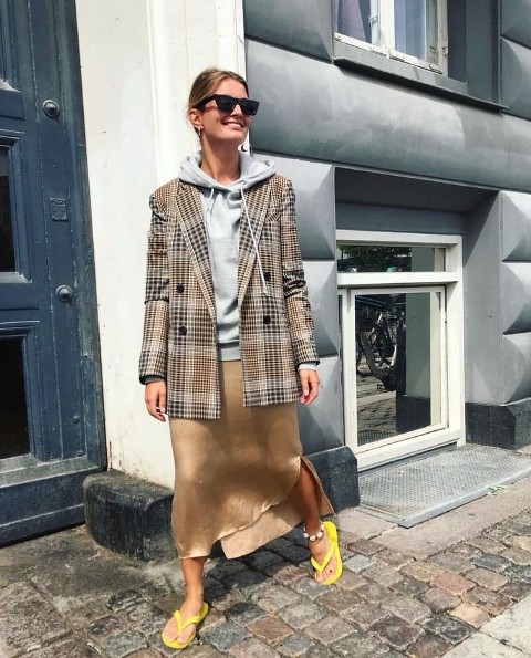 With sunglasses, checked long blazer and yellow flat sandals