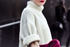 With white loose turtleneck sweater, golden bracelet and white skirt