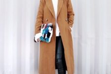 With white shirt, black leather skinny pants, brown midi coat and marsala suede pumps