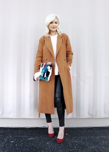 With white shirt, black leather skinny pants, brown midi coat and marsala suede pumps