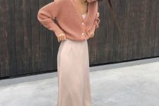 a blush slip midi dress, a pink cardigan, white slingbacks for a delicate and feminine work look
