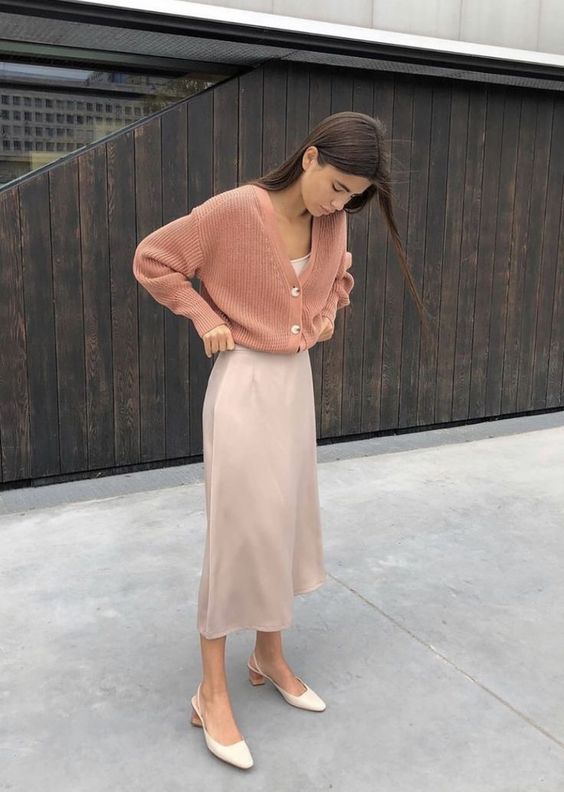 a blush slip midi dress, a pink cardigan, white slingbacks for a delicate and feminine work look