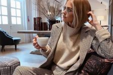a classy fall work outfit with a neutral plaid pantsuit, a neutral turtleneck is always a cool idea