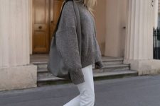 a classy minimalist fall look with an oversized sweater, white jeans, grey loafers and a large tote is cool