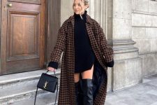 a fall to winter look with a black sweater dress, over the knee boots, a houndstooth printed maxi coat and a black bag