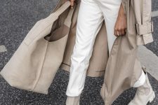 a neutral fall look with a white t-shirt, neutral jeans, nude Chelsea boots, a neutral trench and a neutral tote is wow