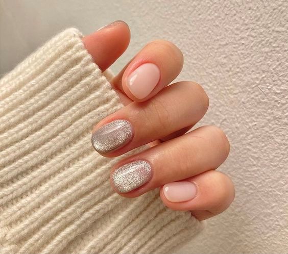 a nude manicure with silver velvet nails for an accent is a great idea for adding a lovely neutral yet chic touch