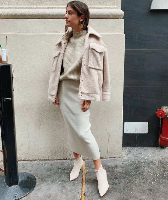 a pretty neutral outfit with a ribbed turtleneck, a creamy pencil skirt, white booties and a neutral teddy jacket