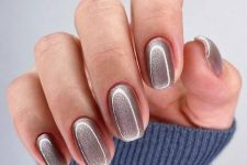 a soft grey velvet manicure with a square shape is a fresh and lovely idea for a fall or winter look