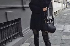a total black outfit with a sweater dress, over the knee boots, black tights and a bag – you won’t need for more comfort