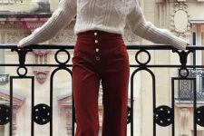 a white patterned sweater, burgundy high waisted flare pants with buttons are all you need for a cozy fall look
