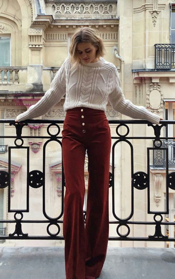 a white patterned sweater, burgundy high waisted flare pants with buttons are all you need for a cozy fall look