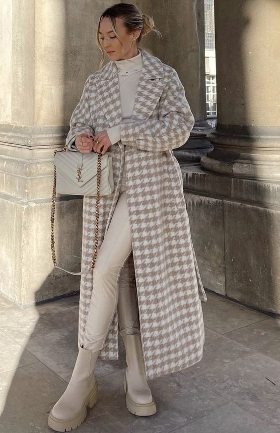 a white turtleneck, creamy leather leggings, nude chelsea boots, a houndstooth print coat and a creamy bag