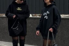 black hoodie dresses with tights and over the knee boots and small black bags for a sporty and sexy looks