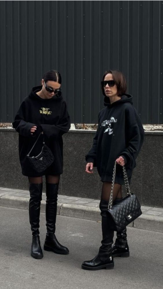 black hoodie dresses with tights and over the knee boots and small black bags for a sporty and sexy looks