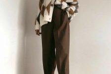 brown baggy trousers, a brown cami top, a diamond print cardigan and brown shoes for a chic fall work look