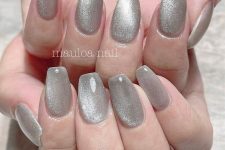 long square grey velvet nails are amazing to rock, they are neutral, chic and shiny, they will make your look wow