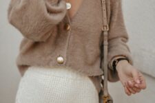 04 a taupe fuzzy cardigan as a top, a white crochet skirt and a grey bag for a soft and cozy fall look